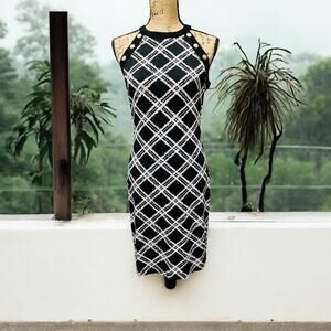 White House Black Market Midi Dress-Size 4-Sleeveless Sheath-Gold Button-Office